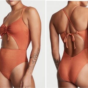 Victoria's Secret Orange One Piece Swimsuit with Cut-Out orange Metalic Design